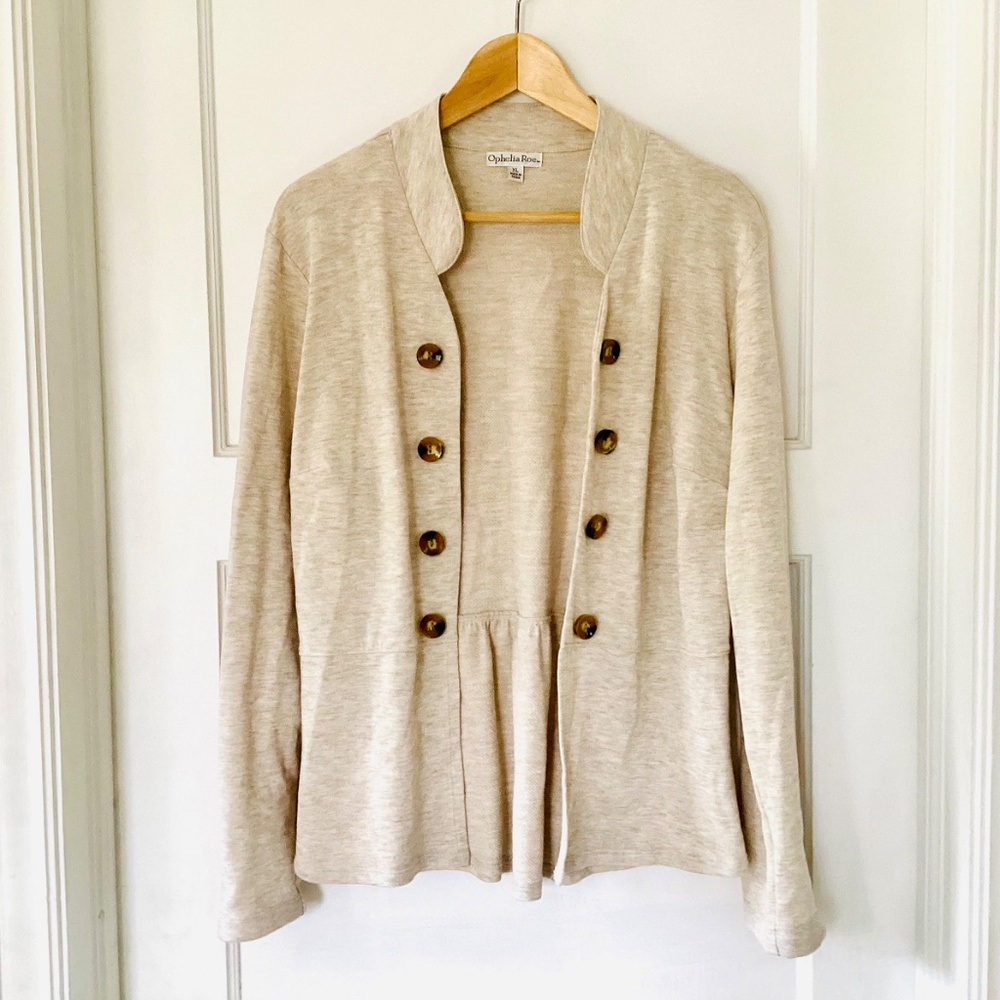 Ophelia Roe women's XL open peplum blazer jacket Oatmeal Lightweight Knit Cotton - Picture 11 of 11